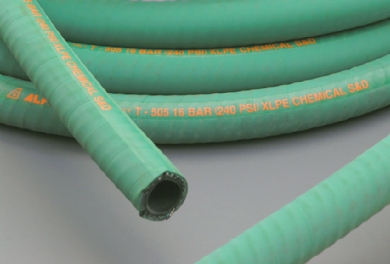 Click to enlarge - XLP [Cross linked polyethylene] chemical suction/discharge hose for a wide variety of chemicals and aggressive substances. This is a flexible hose reinforced with high tensile textile cords and embedded helical wires.